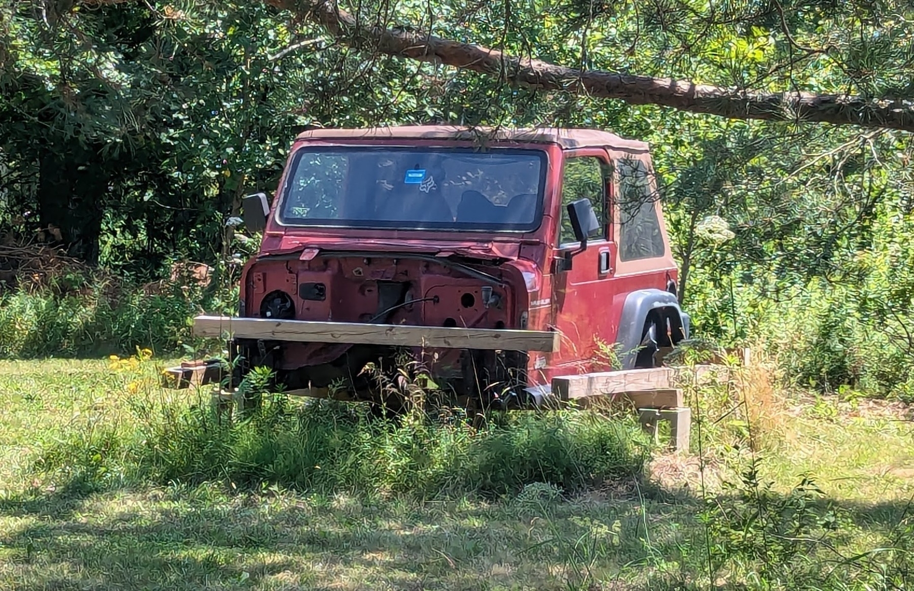 A rusty vehicle chassis with large off-road tires sits in a grassy area near a covered object, surrounded by trees.